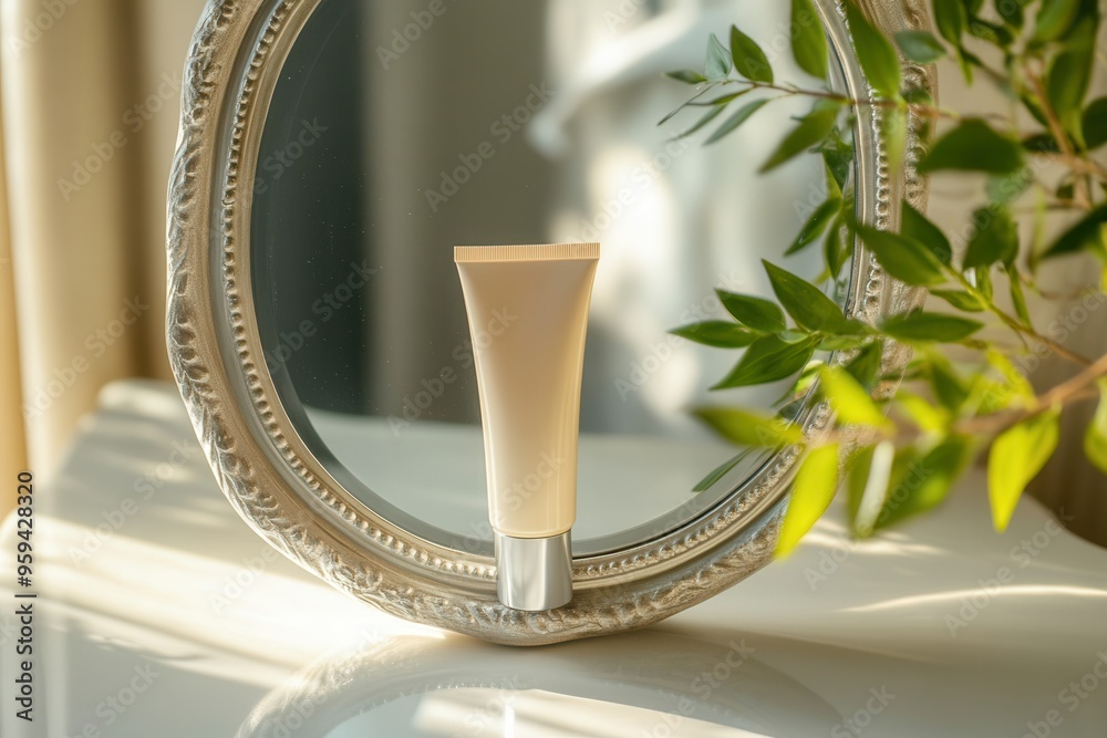 Aufkleber a tube of cream stands prominently in a decorative mirror, capturing soft natural light and creating