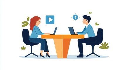 Illustration of two professionals working at laptops across a desk, engaging in a business meeting or collaborative work environment.