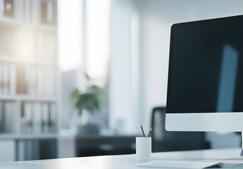 White desk with computer and office background blurred in the foreground,workspace