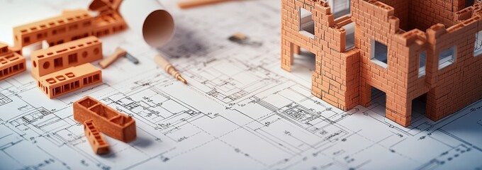 Model home made of bricks on blueprints, close up.