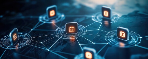A digital map showing a network with multiple firewall symbols and shields at each entry point, indicating a secure perimeter