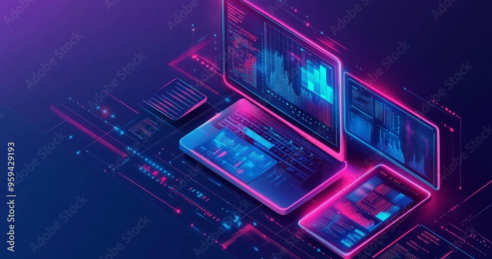 Aufkleber a laptop, tablet, and desktop computer, each displaying data and charts on their screens, against a 