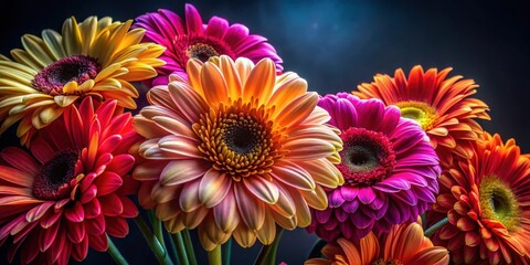 Fototapeta premium Close-up of vibrant, large flowers against a dark background, bright, vibrant, large, flowers, floral, close-up, macro