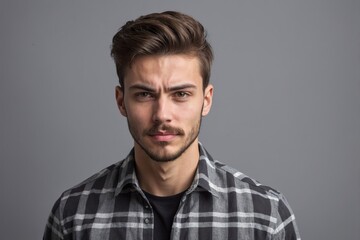 Obraz premium Young man in plaid shirt with serious expression in studio setting