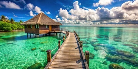 Obraz premium Overwater bungalow with steps leading into a stunning green lagoon, paradise, luxury, tropical, vacation, getaway, exotic
