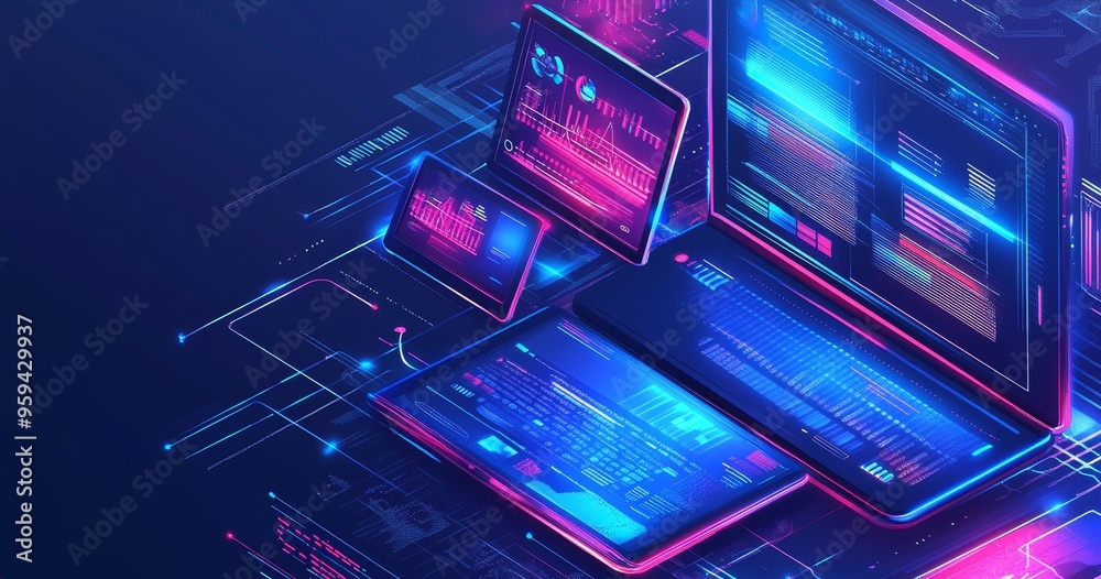 Leinwandbilder a futuristic illustration of multiple digital devices with glowing screens and data streams.