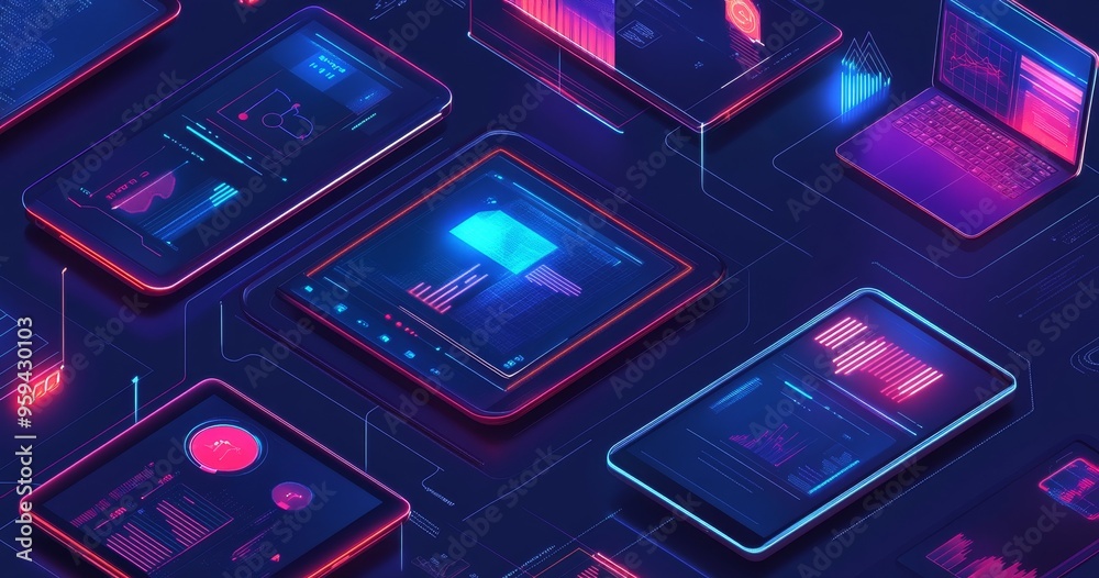 Poster A futuristic isometric illustration of multiple devices with glowing screens displaying data and graphs, representing the concept of digital connectivity and data flow.