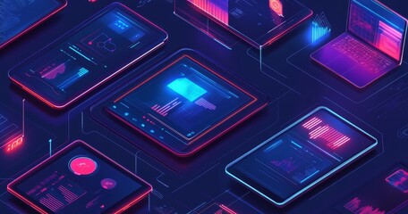 A futuristic isometric illustration of multiple devices with glowing screens displaying data and graphs, representing the concept of digital connectivity and data flow.
