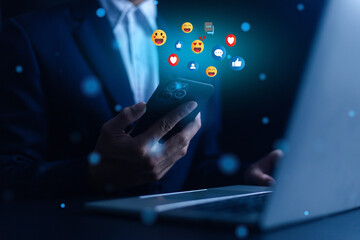 Social media and digital online communication concept on phone screen. People use smartphones to play with social media icons online.