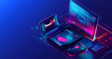 A laptop, tablet, and phone with data visualizations and a heart icon on a blue background, representing the digital world.