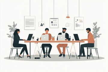 Fototapeta premium An illustration of four people sitting at a table in the foreground, each with their own laptop and documents on it, all dressed casually while working together.