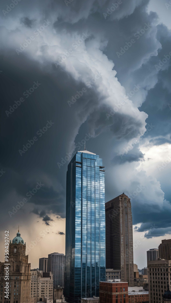 Wall mural thunderclouds tall buildings surrounded background art design backdrop