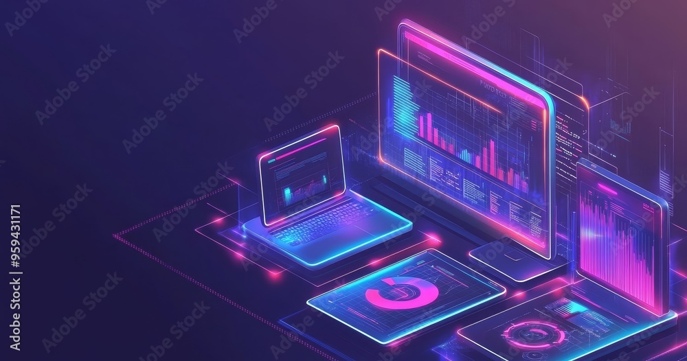 Poster A futuristic illustration of a laptop, desktop, and tablet displaying various data, charts, and graphs. The devices are connected by glowing neon lines, suggesting a network or interconnected system.