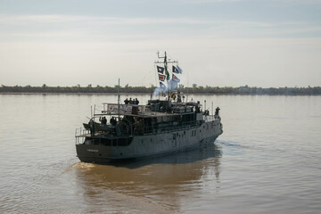 navy warship sailing on a river war 