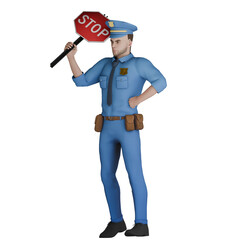 Professional Cartoon Cop Character in 3D9. A male police officer is holding a 