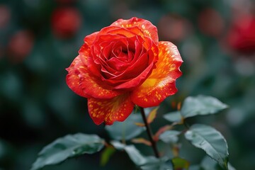 Red garden roses with yellow patterns  blooming in Bandung.