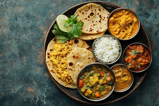 North indian thali top view. Roti, pappad rice and variety of curries in a mea