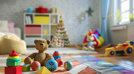 Kids toys on the floor in living room of modern home