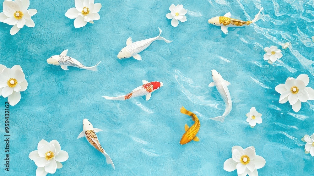 Poster Koi Fish Swimming in Blue Water with White Flowers