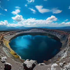 A breathtaking aerial view of a volcanic crater filled with a vibrant blue lake, surrounded by colorful mineral deposits and snow-capped peaks.