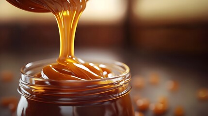 Slow Motion Capture of Caramel Sauce Being Poured into a Handmade Glass Jar with Detailed Highlights