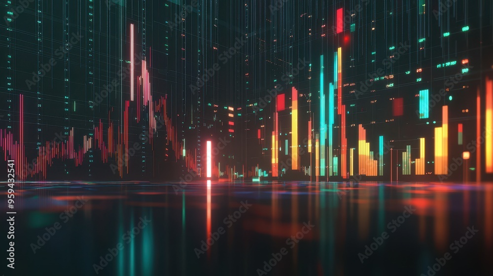 Wall mural abstract digital data visualization with colorful neon lines and glowing bars