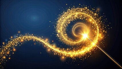 Abstract background of swirling glowing pollen from a magic wand on dark backdrop, magical, fantasy, wand, colorful, trail