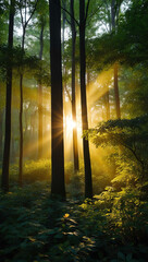 golden sunlight filtering through forest cano background art design backdrop