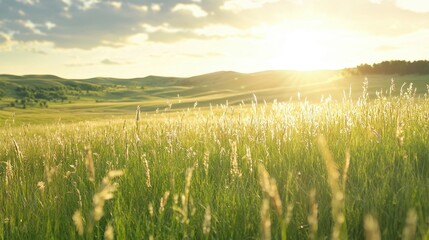 Golden Meadow Sunset with Grass Blades and Rolling Hills