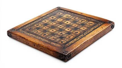Hand-carved wooden game board with intricate designs and symbols