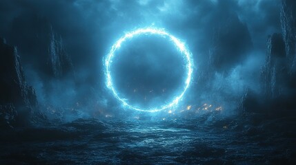 Glowing Blue Ring Portal in a Dark, Misty, Rocky Landscape