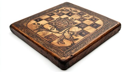 Intricately Carved Wooden Game Board with Checkerboard Pattern