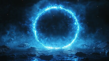Fototapeta premium Glowing Blue Ring in a Smoky, Rocky Landscape