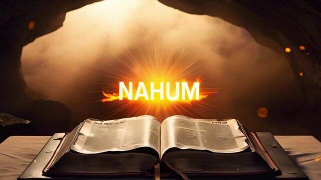 Open Bible with the word Nahum on a light background.
