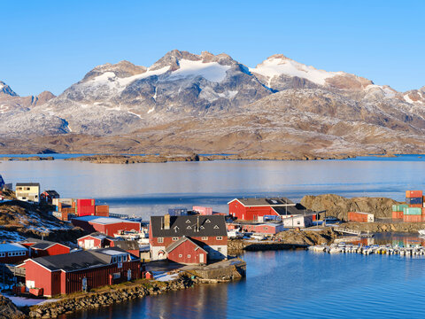 The harbor. Town Tasiilaq (formerly called Ammassalik), Kingdom of Denmark.