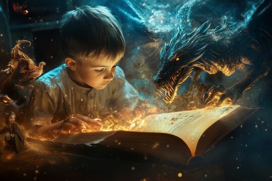a child reading a fantasy book and mythical characters coming out from the pages of the book ,evoking a child's imagination , wonderment, adventure , storytelling, fantasy come to life 