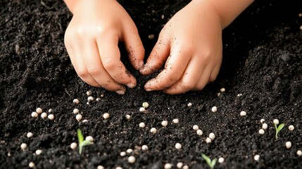 Child s Hands Planting Seeds in Soil with Sprouts