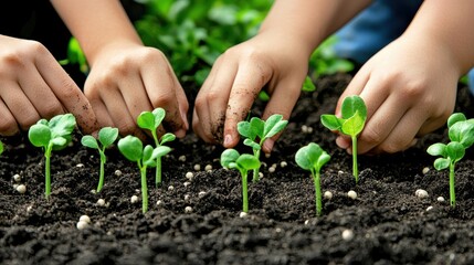 Hands Planting Seedlings in Soil with Fertilizer