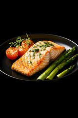 Baked Salmon Garnished with Asparagus and Tomatoes on a Minimalist Black Plate