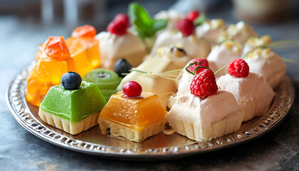 A platter filled with a variety of colorful treats, including pink marshmallows, golden-brown pastries, sliced fruits, and a bowl of jam.

