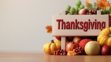 A festive Thanksgiving scene featuring colorful pumpkins, grapes, and autumn leaves, perfect for celebrating the holiday spirit.