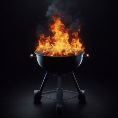 Empty Barbecue Grill with Flames. Fire blazing on a black background with an unoccupied grill grid