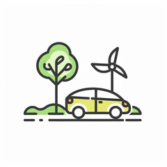 A yellow electric vehicle stands parked in a lush area, surrounded by trees and a wind turbine, highlighting eco-friendly transportation and nature