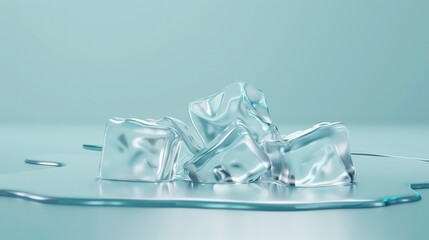 Several ice cubes melt on a light blue surface and create a puddle of water.