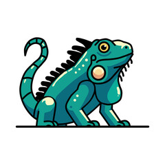 Cartoon-style illustration of a green iguana with a curled tail  with a smooth body and black dorsal spines. This vector is perfect for educational content, children's books, animal-themed designs