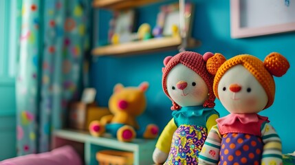 Little cute colorful dolls in kids bedroom at home