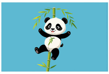 Fototapeta premium Cheerful Panda Climbing Bamboo Stalk