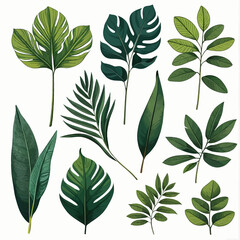 Collection of 12 Different Leaf Illustrations in Green and White