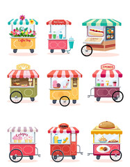 Colorful Food Cart Collection: 9 Vibrant Vendor Stands with Delicious Offerings