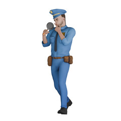 3D Male Law Cartoon Character. A male police officer is holding a magnifying glass and examining something carefully. Cop Professional